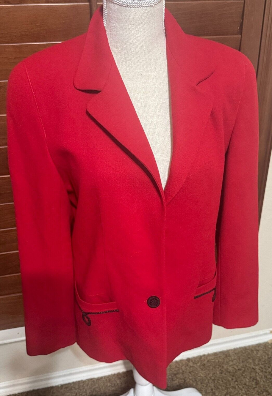 ALAN AUSTIN Vintage Red Blazer Black trim Wool Italy Jacket Career EU‎ 44 US M
